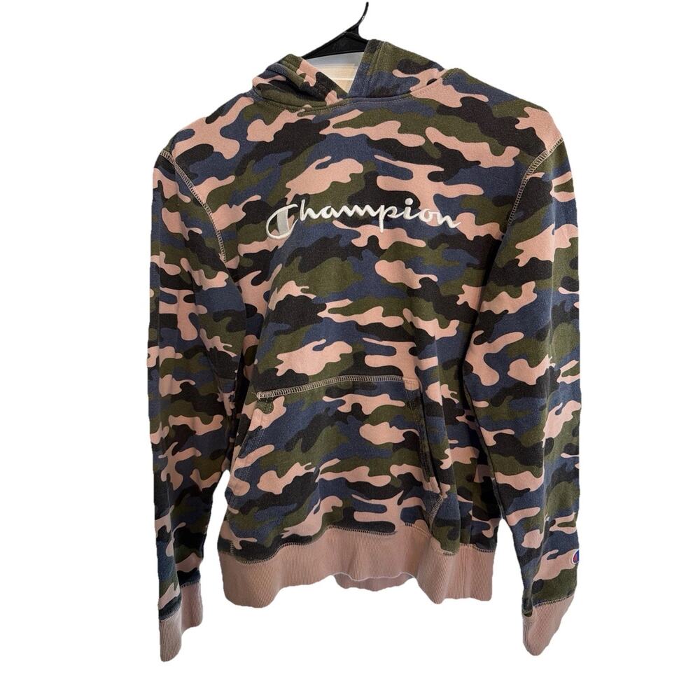 Champion Camo Hoodie Sweatshirt Pink Green Blue Cotton Blend Pullover XL
